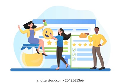 Food quality assessment. Professional critics try chocolate and give rating. Delicious and high quality sweets. Feedback about products. Cartoon flat vector illustration isolated on white background