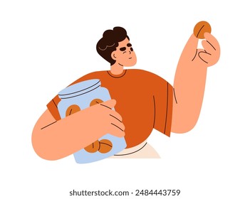 Food quality check. Man looking, inspecting cookie, doubting about product. Sweet treat, cookie, snack in hand. Person doubting in eating. Flat vector illustration isolated on white background