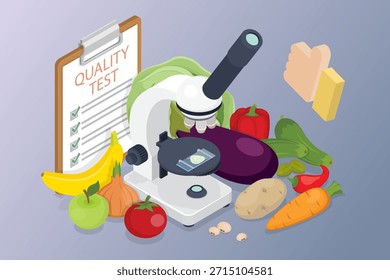 Concepto de control de calidad de los alimentos. Microscopio cerca de frutas, verduras y lista de verificación. Investigación microbiológica y química de productos naturales. Comida saludable. Ilustraciones vectoriales isométricas planas 3D.