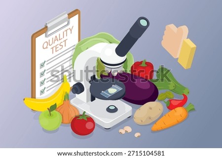 Food quality control concept. Microscope near fruits, vegetables and checklist. Microbiological and chemical research of natural products. Healthy food. 3d flat Isometric vector illustrations.
