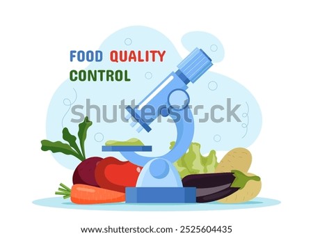 Food quality control poster. Microscope near fruits and vegetables. Microbiological and chemical research of natural products. Research and experiment. Flat vector illustration
