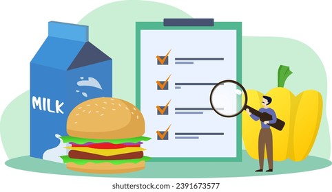 Food quality control vector illustration, Quality control experts inspection food and beverages, healthy and nutrition quality certification process