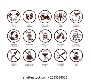 Food Quality Icon Set. Qualities Of Food And Their Production. Free Harmful Substances. Fresh And Natural Products. Hand Drawn Vector Icons.