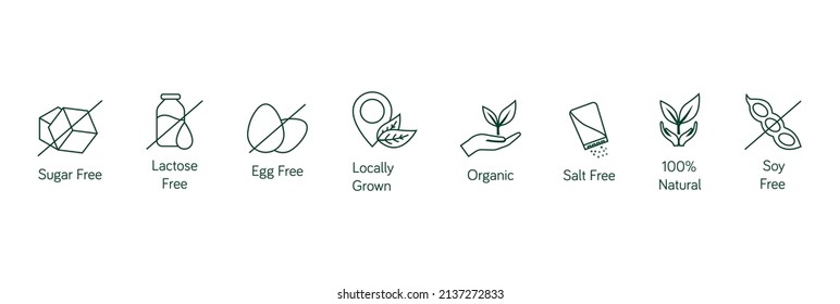 food quality line icon set sugar free, lactose free, egg-free, locally grown, organic, salt-free, 100% natural, soy-free