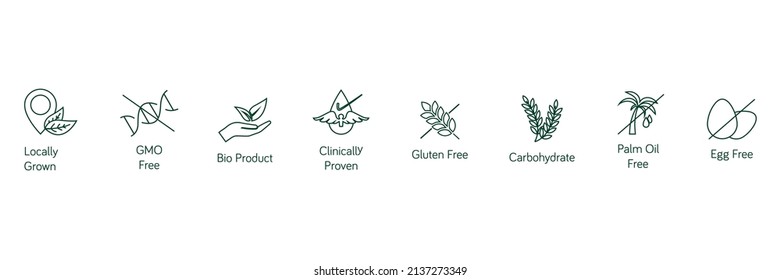 food quality line icon set locally grown, GMO free, bio product, clinically proven, gluten free, carbohydrate, palm oil free, egg free