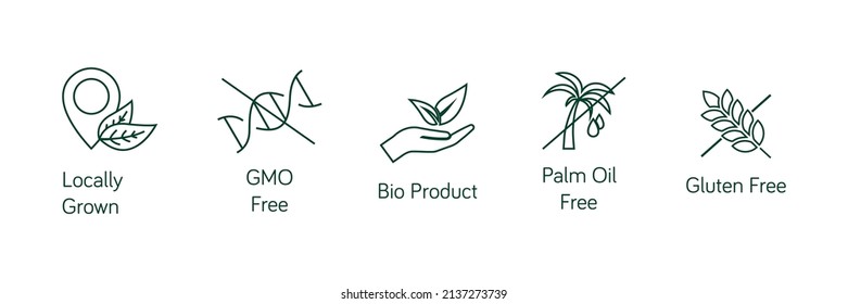 food quality line icon set locally grown, gmo-free, bioproduct, palm oil-free, gluten-free