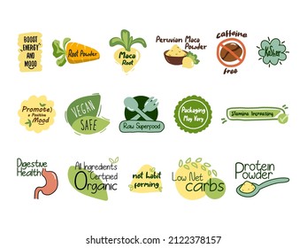 Food quality sticker, isolated on white icon set. Healthy product for vegan emblem collection. Superfood tag for packaging, organic ingridient symbol, vector illustration