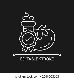 Food quality testing white linear icon for dark theme. Scientific food analysis. Product evaluation. Thin line customizable illustration. Isolated vector contour symbol for night mode. Editable stroke
