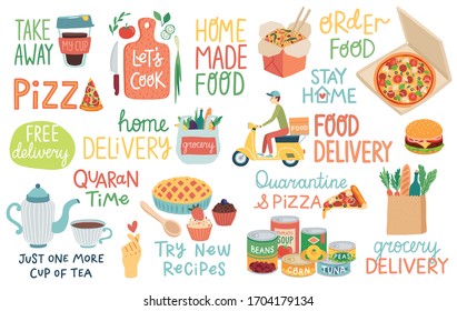 Food and Quarantine Covid-19 letterings and other elements. Home delivery and Home cooking. Vector illustration.