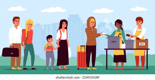 Food queue homeless. Humanitarian assistance to migrants, food distribution point, volunteers help refugees, people help, men and women with children vector cartoon flat charity concept