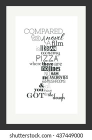 Food quote. Pizza quote. Compared to a novel, a film is like an economy pizza where there are no lines, no ham, no anchovies, no mushrooms, and all you have got is the dough
