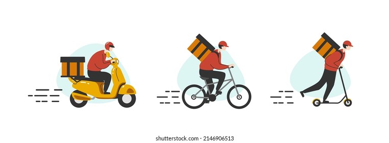 A food raider deliver food by yellow scooter motorcycle, bicycle and scooter to home and office flat vector illustration isolated on white background. Online food delivery service concept.