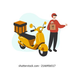 A food raider deliver food by yellow scooter motorcycle to home flat vector illustration isolated on white background. Online food delivery service concept. Delivery home and office