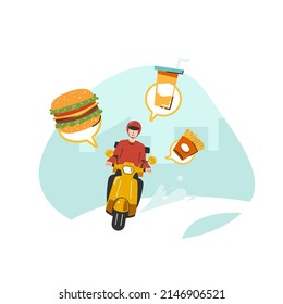 A food raider deliver food by yellow scooter motorcycle to home flat vector illustration isolated on white background. Online food delivery service concept. Delivery home and office