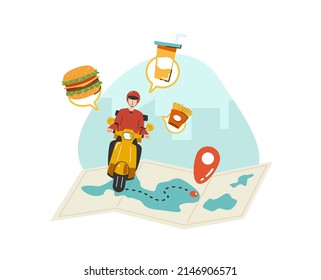 A food raider deliver food by yellow scooter motorcycle to home tracking location on map flat vector illustration isolated on white background. Online food delivery service concept.