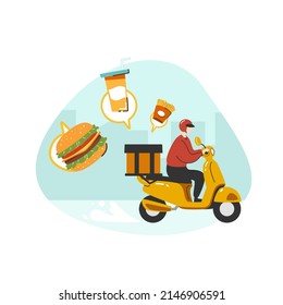 A food raider deliver food by yellow scooter motorcycle to home flat vector illustration isolated on white background. Online food delivery service concept. Delivery home and office