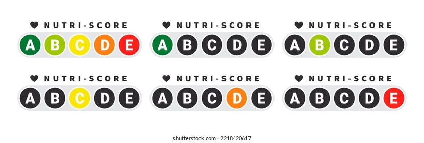 Signos del sistema de clasificación de alimentos. Indicador de nutrición de la atención de la salud. Pegatinas con puntaje nutri. Ilustración del vector