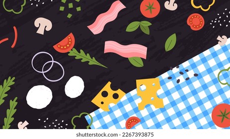 Food raw fresh background. Summer picnic, vegetables and greens on napkin, bacon, cheese and mushrooms. Prepare sliced food, vector banner