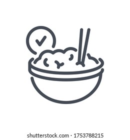 Food is Ready line icon. Bowl with a Chopstick and a Tick vector outline sign.