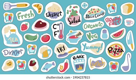 Food and recipe book sticker set on blue background. Doodle objects and lettering stickers for cook book or recipe card. Kids cooking class activity. Breakfast lunch dinner icon