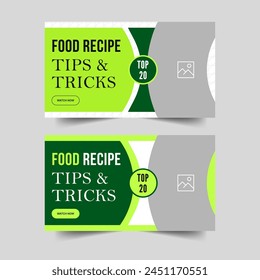 Food recipe cook tips and tricks video thumbnail banner design, green video cover banner design, editable vector eps 10 file format