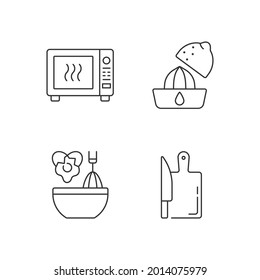 Food recipe linear icons set. Squeeze lemon. Microwave roasting. Cutting board. Cooking instruction. Customizable thin line contour symbols. Isolated vector outline illustrations. Editable stroke