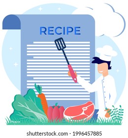 Food recipe vector illustration. Professional chef writing ingredients list concept. Healthy and delicious cooking guide. Fresh dishes. Homemade culinary text notes.