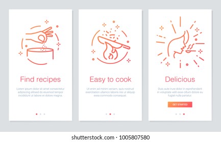 Food and Recipes concept onboarding app screens. Modern and simplified vector illustration walkthrough screens template for mobile apps.