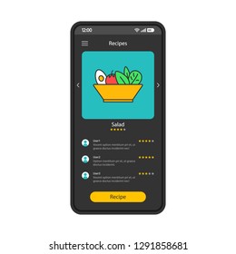 Food recipes smartphone interface vector template. Mobile app page black design layout. Salad cooking instructions, ingredients screen. Flat UI for application. Users feedback, rating phone display 