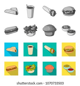 Food and refreshments, and other web icon in monochrome. Cake, biscuit, cream, icons in set collection.