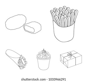 Food, refreshments, snacks and other web icon in outline style.Packaging, paper, potatoes icons in set collection.