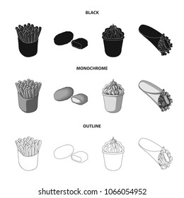 Food, refreshments, snacks and other web icon in black,monochrome,outline style.Packaging, paper, potatoes icons in set collection.