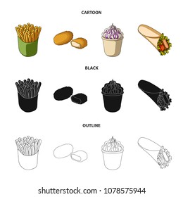 Food, refreshments, snacks and other web icon in cartoon,black,outline style.Packaging, paper, potatoes icons in set collection.