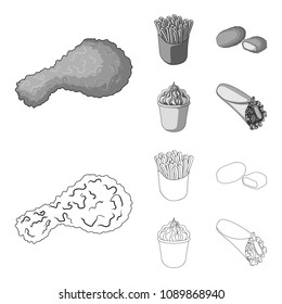 Food, refreshments, snacks and other web icon in outline,monochrome style.Packaging, paper, potatoes icons in set collection.