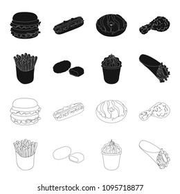 Food, refreshments, snacks and other web icon in black,outline style.Packaging, paper, potatoes icons in set collection.