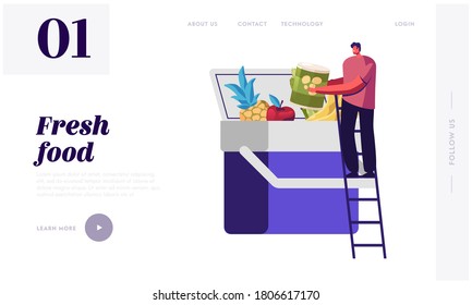 Food Refrigeration, Fresh Meals in Road Landing Page Template. Tiny Male Character Stand on Ladder Put Products into Huge Car Fridge. Refrigerator for Auto Transport. Cartoon Vector Illustration