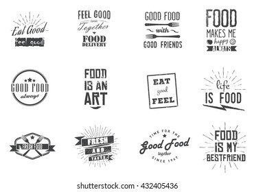 Food related inspirational, motivational and funny quotes and phrases, food themed badges, logos, labels, emblems, signs. Vector illustration.