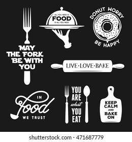 Food related typography set. Quotes about cooking. Motivational wordings for prints and posters. Kitchenware silhouettes. Vintage vector illustration.