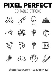 Food related vector icon set. Well-crafted sign in thin line style with editable stroke. Vector symbols isolated on a white background. Pixel perfect. Editable stroke.