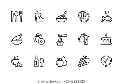 Food related vector linear icons set. Isolated icon collection such as watermelon, fish, chicken, peach, porridge, orange, cake, apple, pear and more. Isolated icon collection of meal related.