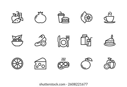 Food related vector linear icons set. Isolated icon collection such as apple, carrot, pomegranate, fast food, coffee, salad, steak, cheese, meat and more. Isolated icon collection of meal related.