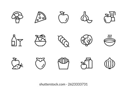 Food related vector linear icons set. Isolated icon collection such as broccoli, pizza, apple, garlic, blender, shashlik, cabbage, juice, cocktail and more. Isolated icon collection of meal related.