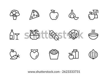 Food related vector linear icons set. Isolated icon collection such as broccoli, pizza, apple, garlic, blender, shashlik, cabbage, juice, cocktail and more. Isolated icon collection of meal related.