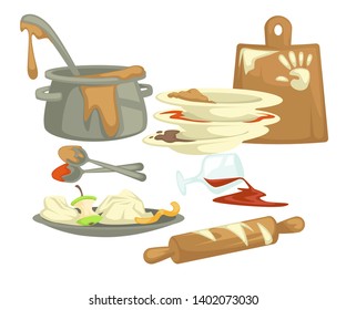 Food remains and dirty dishes and dishware vector fat stains and saucepan cutting board and plates spoons and ladle glass with wine and rolling pin kitchenware isolated objects housework and household