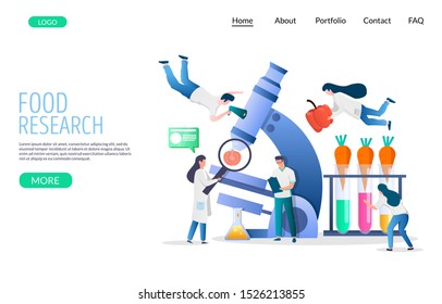 Food research vector website template, web page and landing page design for website and mobile site development. Lab attendants dieticians testing food products in laboratory.