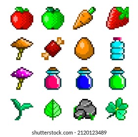 Food and resources pixel art icons. Fruits, flasks, herb vector game assets, editable set