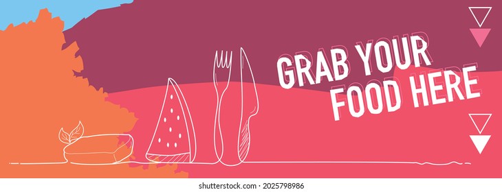 Food and restaurant banner, web banner and print ready artwork, contains fork and knife, with cheese, ment and watermelon in line art style