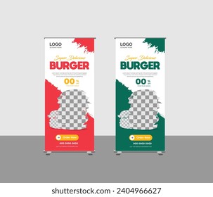 Food and Restaurant burger Roll Up banner design or The latest Food x rollup banner design vector template with two color variants green and red