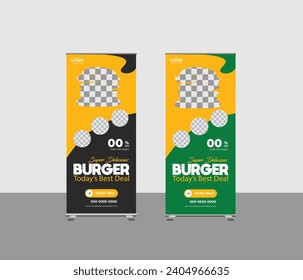 Food and Restaurant burger Roll Up banner design or The latest Food x rollup banner design vector template with two color variantsgreen and black
