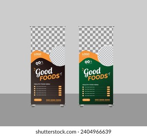 Food and Restaurant Business Roll Up banner design or The latest Food x rollup banner design vector template with two color variants Green and red